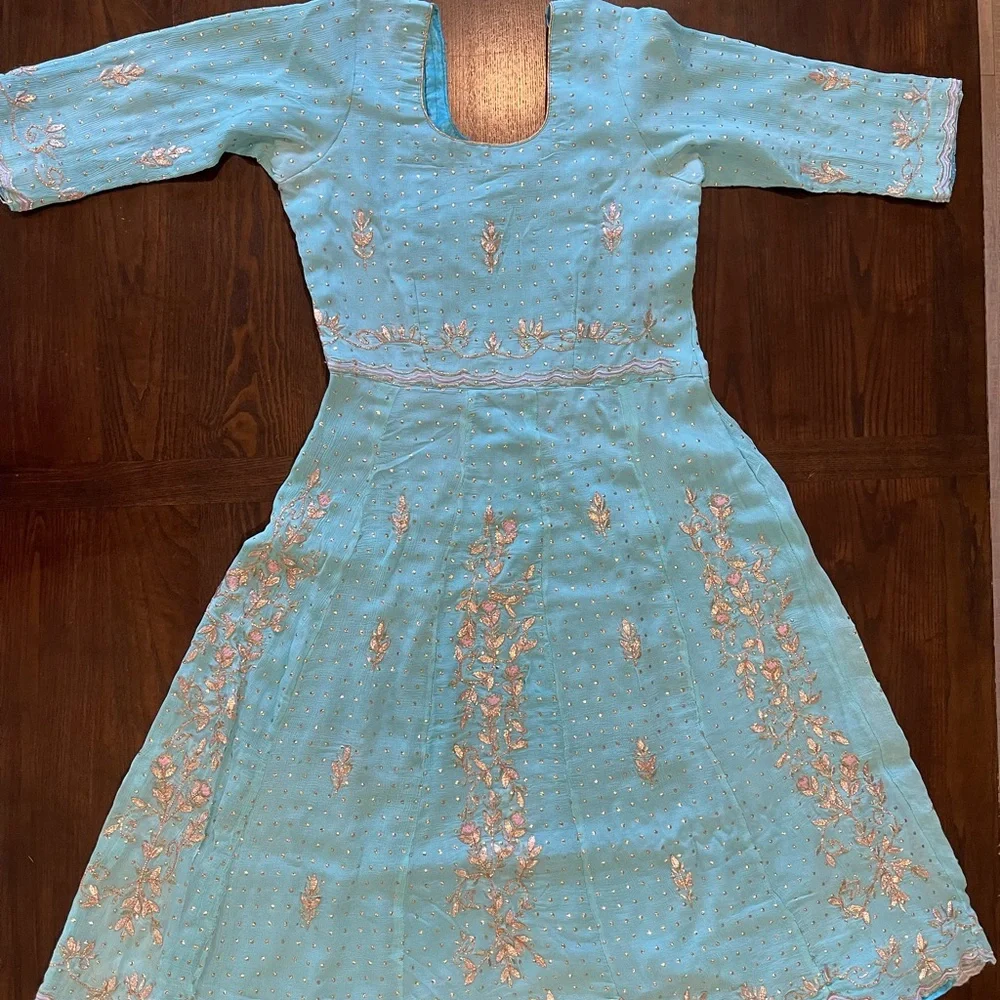 3pc Pink & Blue Indian Anarkali Suit With Salwaar - Picture 15 of 15